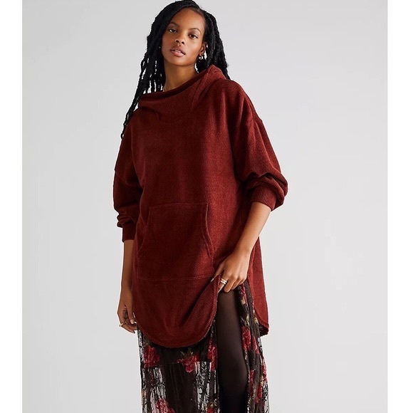 NWOT Free People Everywhere Hoodie Wine‎ Chenille Sweatshirt Tunic Camden